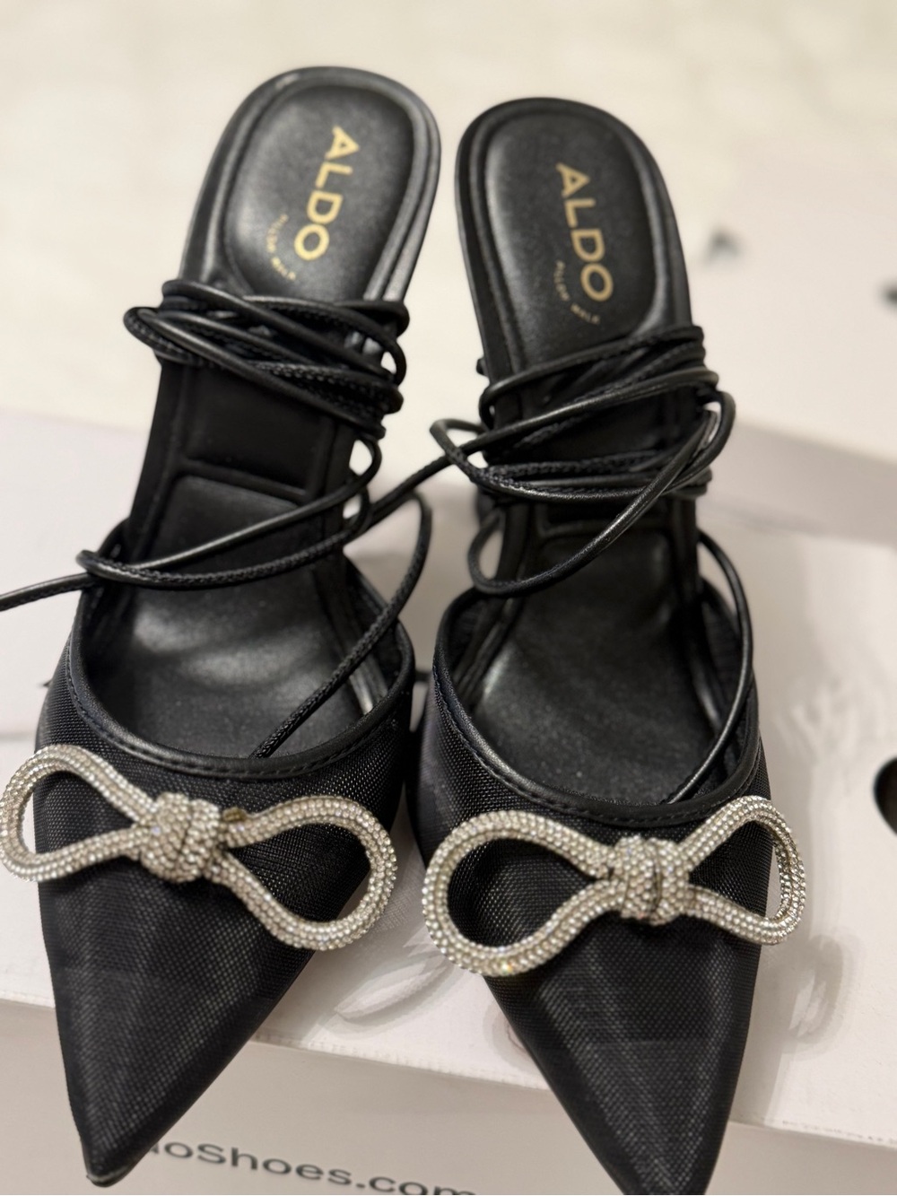 Aldo Black Pointed Toe Mules with Rhinestone Bow Accent